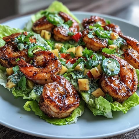 Lightened-Up Mango Salsa Shrimp Lettuce Tacos with juicy shrimp and fresh mango salsa in crisp lettuce cups.