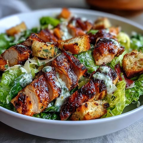 A vibrant Grilled Chicken Caesar Salad with creamy Greek yogurt dressing, topped with crunchy sourdough croutons and shaved Parmesan.  