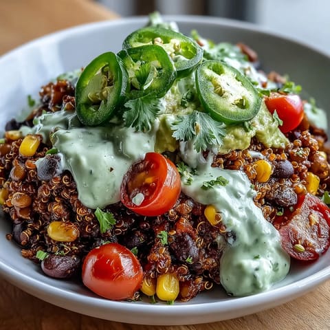 Flavorful Mexican-inspired lentil quinoa bowls with spiced taco meat, served with vibrant avocado lime crema and corn.  