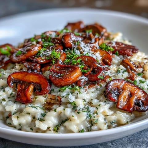 Creamy wild mushroom risotto topped with truffle oil, served in a white bowl with fresh parsley garnish.  