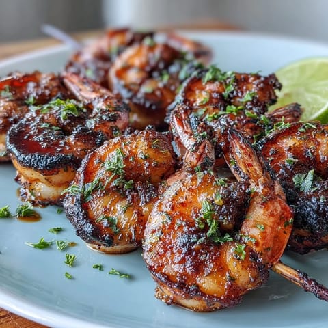 Jerk Seasoning Shrimp Skewers sizzling on the grill, coated in bold Caribbean spices and served with fragrant coconut rice and fresh lime wedges.  
