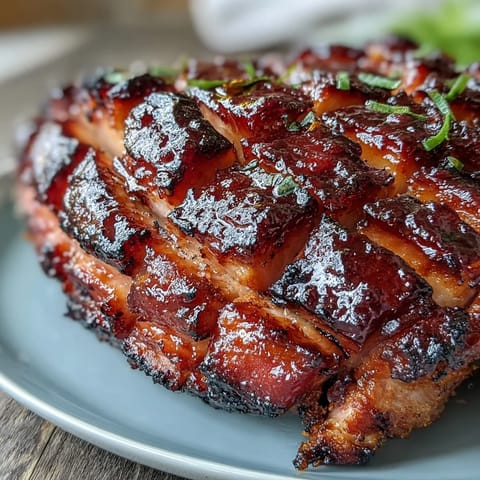 A golden baked ham with a glossy black currant jam glaze, sliced and ready for a festive holiday table.  