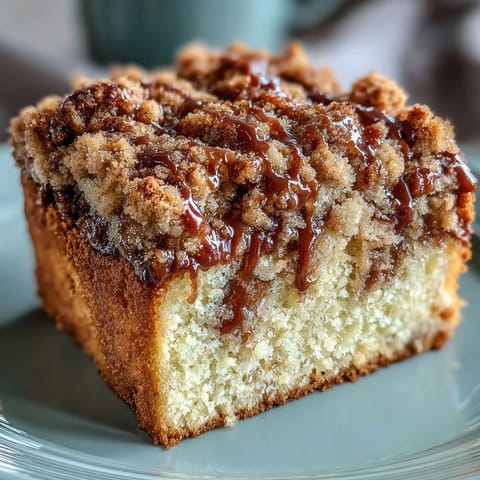 A slice of tender cardamom coffee cake with golden-brown streusel topping and aromatic spice aroma.  