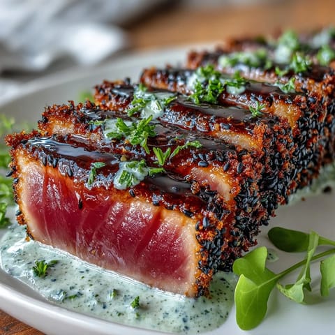 A beautifully seared tuna steak coated in crunchy black sesame seeds, sliced and served with a zesty wasabi mayo.