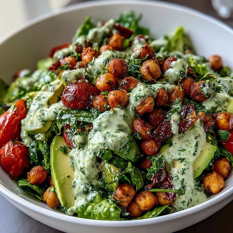 Vibrant pistachio green goddess salad with crisp romaine, creamy avocado, and crunchy roasted chickpeas tossed in herby dressing.