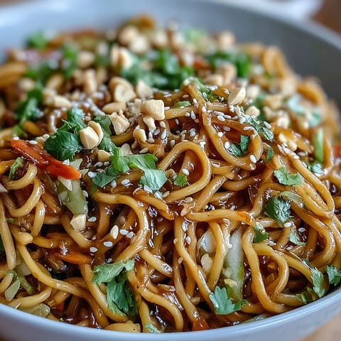 Colorful Asian Sesame Noodle Salad with Peanut Dressing served with crunchy peanuts and fresh cilantro for a refreshing meal.