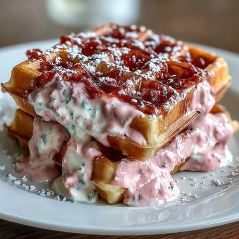 Vibrant pink waffles with a hint of cocoa, drizzled with smooth cream cheese sauce for a sweet treat.  
