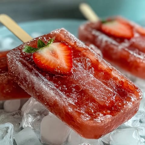 Celebrate friendship with vibrant popsicles featuring juicy strawberries, orange juice, and bubbly Prosecco in every bite.  