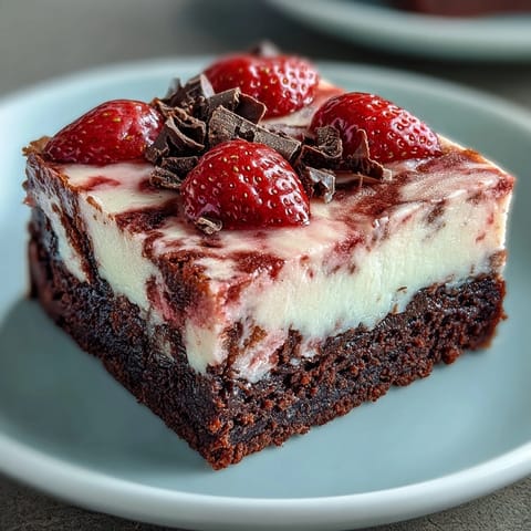 Rich Valentine strawberry cheesecake brownies with fudgy chocolate base and creamy strawberry swirl, garnished with fresh berries.