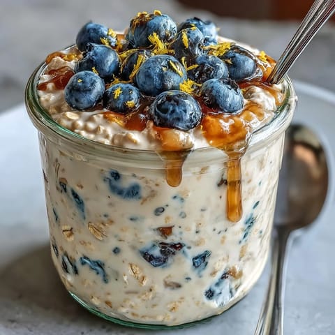 Creamy overnight oats with fresh blueberries and bright lemon zest, perfect for a refreshing breakfast.