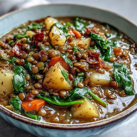 A steaming bowl of Little Sprout Green Lentil Stew with tender carrots and potatoes in a rich, herb-infused broth.