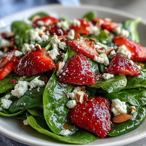 Fresh baby spinach salad with juicy strawberries, creamy feta, and crunchy almonds, dressed in tangy poppy seed vinaigrette.  