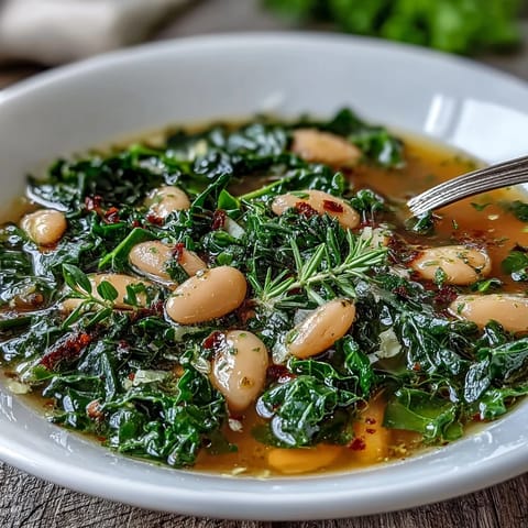 Creamy white beans and tender kale simmer in a fragrant broth of lemon and garlic, perfect for a cozy meal.