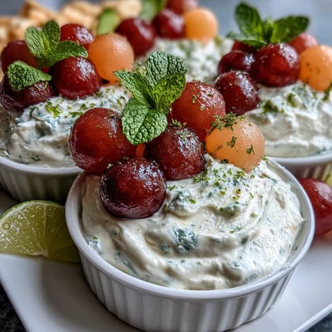A vibrant fruit platter bursting with colorful melon balls, berries, and grapes, served with a creamy honey-lime yogurt dip.