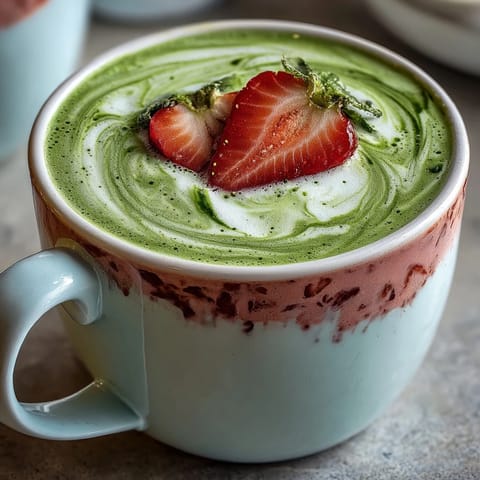 Cozy evening beverage featuring matcha green tea layered over sweet strawberry purée in clear glass mugs.