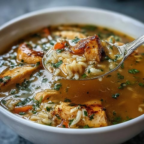 Hearty chicken and rice soup featuring juicy chicken, fresh vegetables, and fluffy rice in a savory one-pot meal.  