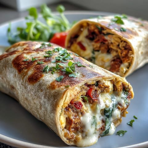 High-protein breakfast burritos wrapped with savory turkey, spinach, and cheddar, perfect for a satisfying and energizing morning meal.  