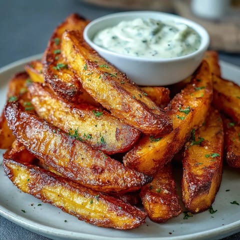 Golden sweet potato fries cooked to perfection in the air fryer, paired with zesty garlic aioli for a flavorful snack.