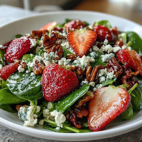 Fresh strawberry spinach salad with poppy seed dressing, vibrant mix of berries, greens, feta, and pecans.