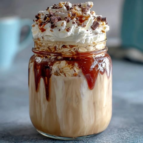 Vanilla Bean Frappuccino Overnight Oats Dessert Jar with creamy coffee layers and whipped cream topping.