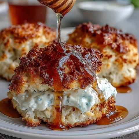 Spring brunch dandelion honey scones with clotted cream, golden and flaky, topped with fresh petals and a honey drizzle.