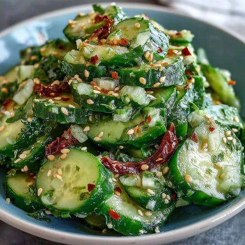 A vibrant smashed cucumber salad with garlic chili oil, featuring crisp cucumbers and spicy, aromatic dressing.  