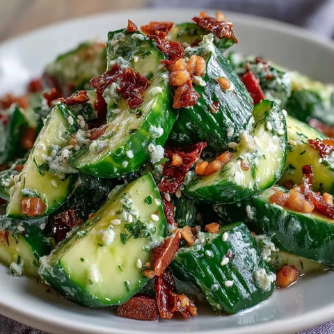 Crunchy cucumber pieces tossed in tangy rice vinegar and topped with golden garlic chili oil and sesame seeds.  