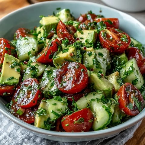 Refreshing summer salad with crisp cucumbers, juicy tomatoes, and smooth avocado tossed in a tangy lemon dressing.  