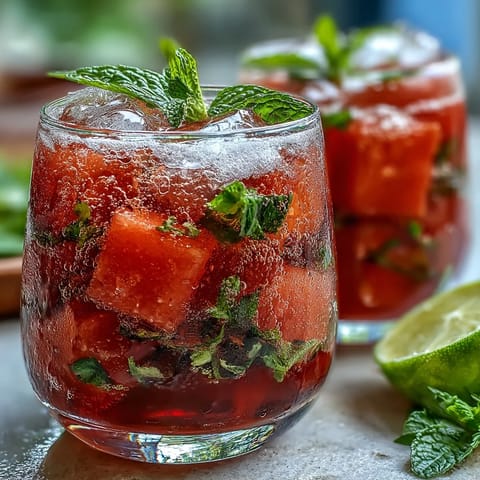 Refreshing watermelon mint vodka spritz mocktail in tall glasses with ice and mint garnish
