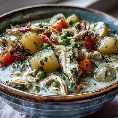 Slow Cooker Chicken Pot Pie Soup with tender chicken and creamy vegetables in a savory broth.