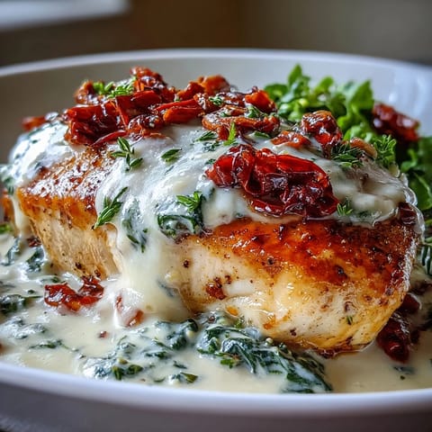 Creamy Tuscan Chicken with Sun-Dried Tomatoes served over a bed of fresh spinach and basil