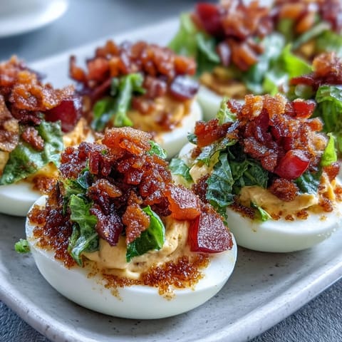 BLT Deviled Eggs with Crispy Bacon Crumbles, garnished with lettuce and tomatoes, make a perfect party appetizer.  