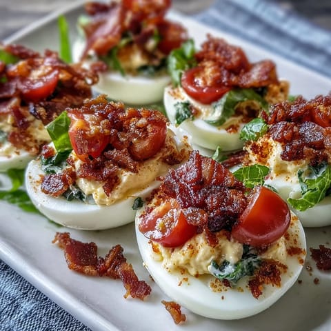 Creamy BLT Deviled Eggs topped with crunchy bacon, fresh tomatoes, and shredded lettuce for a flavorful twist.  