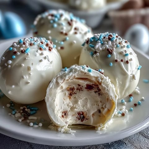 White chocolate peanut butter Easter eggs with sprinkles, a festive dessert featuring creamy peanut butter filling and colorful candy toppings.