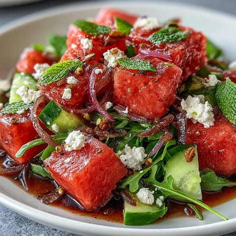 Fresh Watermelon and Arugula Salad with creamy feta, juicy watermelon, and a zesty lime dressing—perfect for summer meals.  
