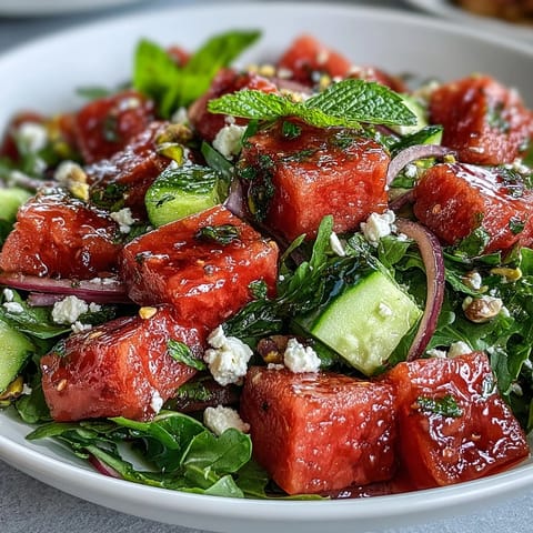 Vibrant Watermelon and Arugula Salad with crisp cucumber, peppery arugula, and tangy feta, topped with a bright lime vinaigrette.  