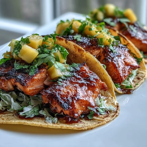 Grilled salmon tacos with mango salsa, featuring flaky fish, zesty fruit topping, and warm tortillas.  