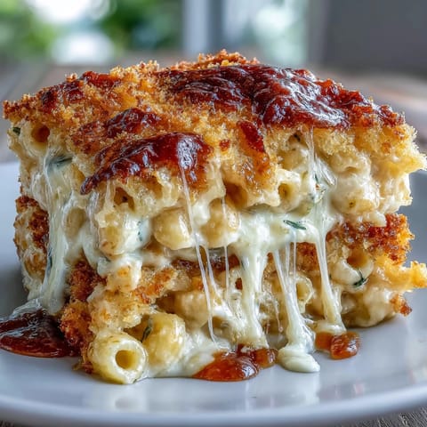 Creamy mac and cheese bake with golden panko topping, bubbling and cheesy in a white baking dish.  