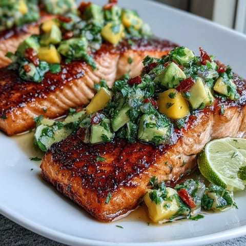 Baked salmon topped with vibrant mango avocado salsa, perfect for a healthy summer dinner.  
