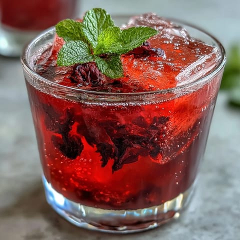 Sparkling Hibiscus Mint Lemonade Mocktail: vibrant red drink with mint garnish.