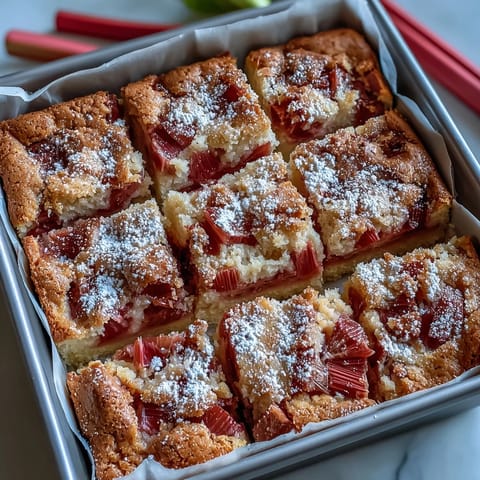 Closeup of Rhubarb Custard Bars showcasing a creamy custard and vibrant rhubarb topping.