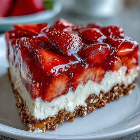 Festive Strawberry Pretzel Salad dessert, a layered sweet and salty treat ready for parties.