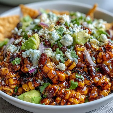 Hearty black bean taco salad, showcasing smoky grilled corn, avocado, and zesty lime dressing.