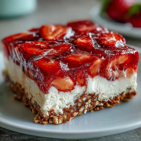 Memorial Day Strawberry Pretzel Salad dessert with creamy layers and ruby red fruit.