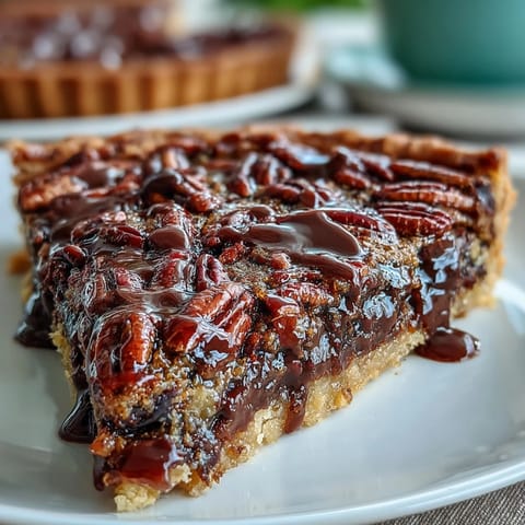 Decadent chocolate bourbon pecan tart with flaky crust, ready to slice.