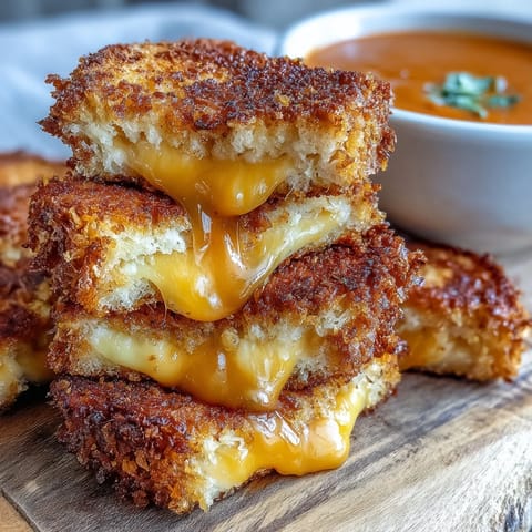 Mini grilled cheese dippers served with warm, creamy tomato soup for ultimate comfort.
