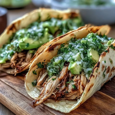 Vibrant slow cooker salsa verde chicken tacos with fresh toppings.
