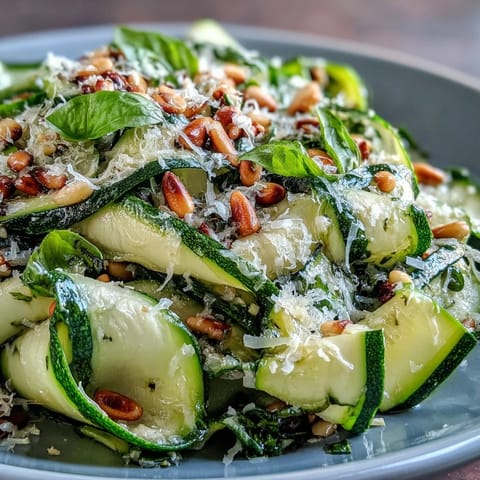 Shaved Zucchini Ribbon Salad glistening with lemon, Parmesan, and fresh basil.