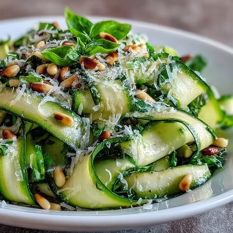 Vibrant green zucchini ribbons tossed in a bright lemon dressing with shaved Parmesan.
