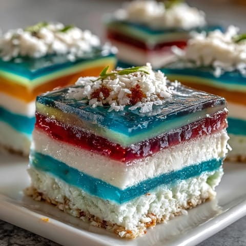 Agar-agar rainbow jelly cake adorned with luscious coconut cream swirls.